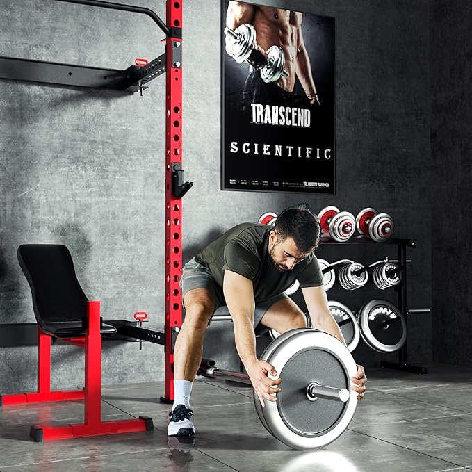MU 2" x 2" Folding Squat Rack, 1100LBS Wall Mounted Power Rack with Adjustable Pull Up Bar, J Hooks, Landmine, Foldable Squat Rack for Home Gym, Garage, Training Studios (Black and Red)