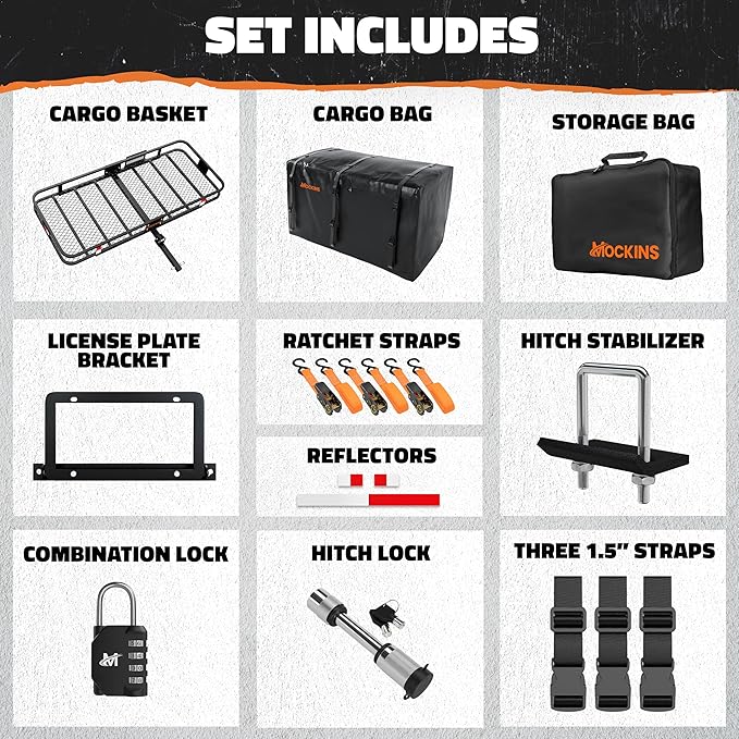 Mockins XXL 70"x30"x6" Folding Trailer Hitch Cargo Carrier w/License Plate Bracket | 500 Lbs Cap Steel Luggage Rack for SUV Car & Truck w/ 40 CuFt Waterproof Cargo Bag for Hitch Carrier & Accessories