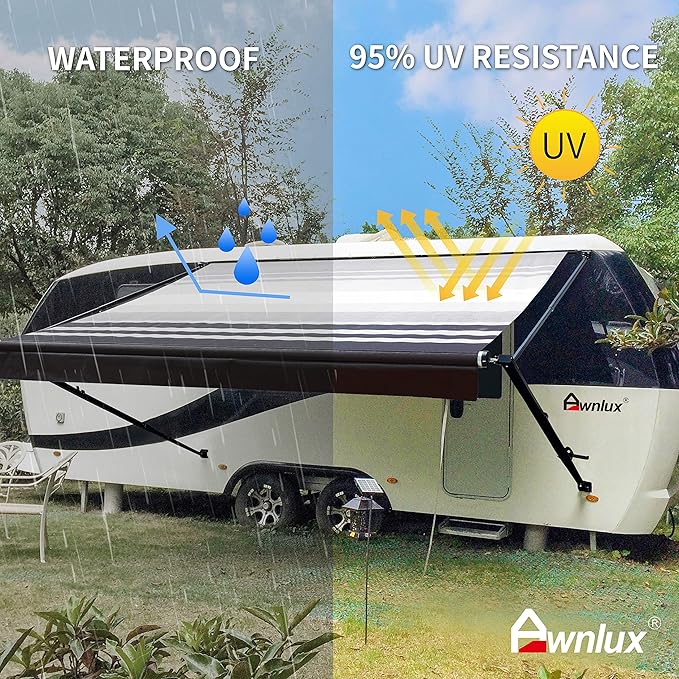 Awnlux Black Manual Modular Retractable RV Awning Full Set Assemblies for RV, 5th Wheel, Travel Trailers, Toy Haulers, and Motorhome - RV Trailer Awning for Home or Camper - 20x8 Ft - Black Strip