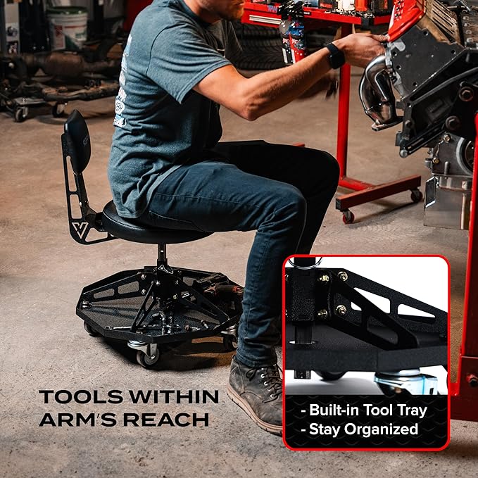 Vyper Robust Steel Sport Shop Chair for Mechanics, Automotive, DIY - 300 lb Capacity Garage Stool with Backrest & Large Wheels (Black Seat, Black Frame)