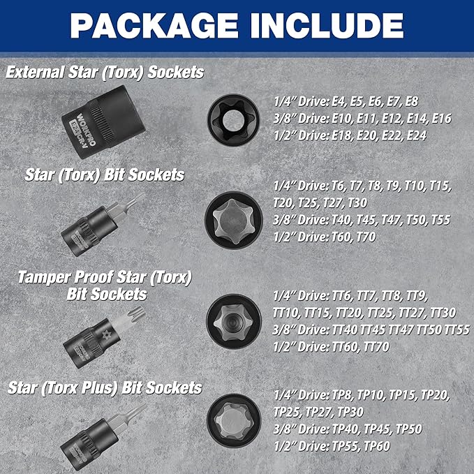 WORKPRO 60-piece Master Torx Bit Socket and External Torx Socket Set, 1/4", 3/8", 1/2" Drive Bits, Female E Sockets E4-E24, Star Socket Bits T6-T70, TT6-TT70, TP8-TP60, CR-V & S2 Alloy Steel
