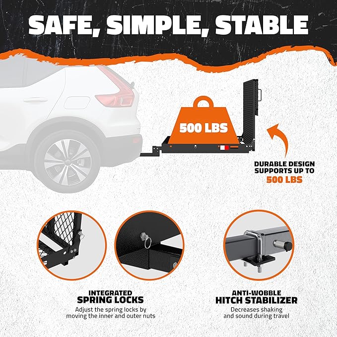 Mockins 40"x40"x4" Square Heavy Duty Trailer Hitch Cargo Carrier with Ramp | 500 Lbs. Cap Weatherproof Steel Scooter Rack for Car, SUV, Truck, Van, RV | Wheelchair Carrier for Car Hitch w/Accessories