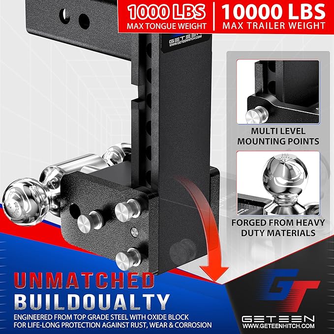 Geteen Trailer Hitches, Adjustable Trailer Hitch Ball Mount - Fits 2.0" Receiver, Dual Ball (2" x 2-5/16"), 7" Drop, 10,000 GTW - GT20072B