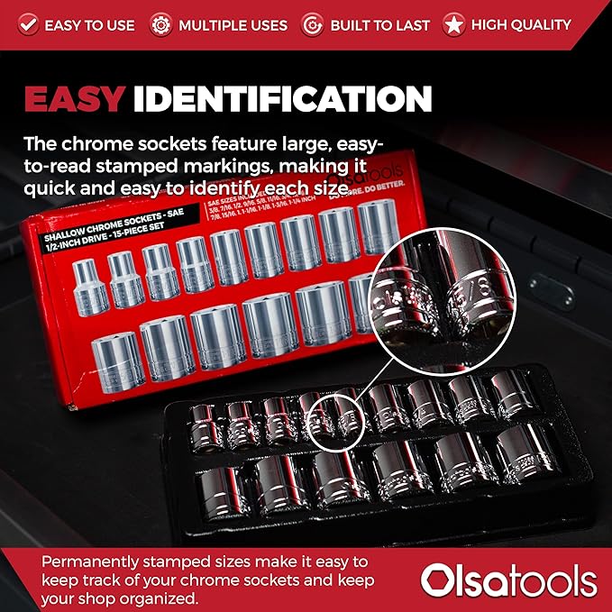 Olsa Tools SAE Shallow Socket Set - 1/2-Inch Drive, 18pc - 6-Point Chrome Sockets 3/8" to 1-1/4" and No Skipped Sizes - Mechanic Shallow SAE Socket Set - Professional Grade Sockets - Part: 1324