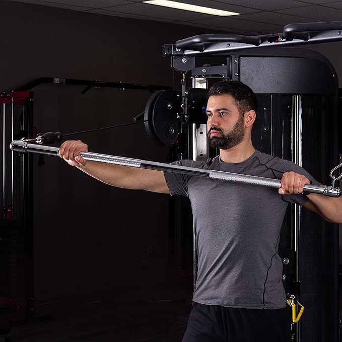 AmStaff 48" Straight Ez Curl Lat Pull Down Bar with Revolving Double Hook for Dual Pulley Cable Machines, Functional Trainer Multi-Purpose Attachment