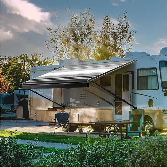 Suncode Manual RV Awning Black Modular Retractable Awning Complete Kit for RV,5th Wheel,Travel Trailers,Toy Haulers,Motorhome RV Trailer Awning for Home or Camper-19x8Ft-Black Strip