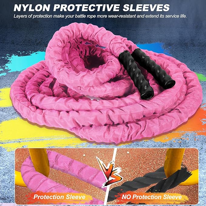 Battle Ropes for Home Gym,1.26inch 30ft Long Pink Battle Ropes with Protective Cover - Workout Equipment Heavy Exercise Ropes for Strength Training for Kids or Adults