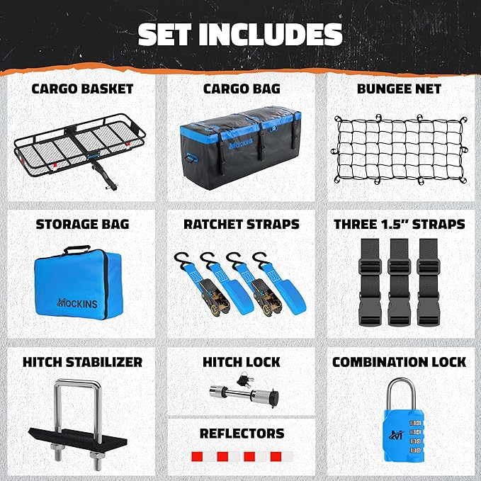 Mockins 60"x20"x6" Heavy Duty Trailer Hitch Cargo Carrier & 16 CuFt Waterproof Cargo Bag | Weatherproof 500 Lbs. Capacity Folding Luggage Rack for SUV, Car, Truck, & RV with Hitch Rack Accessories