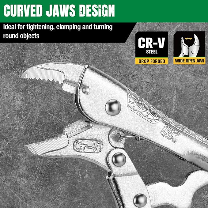 SK 5" Curved Jaw Locking Pliers, Premium CR-V Construction, Ergonomic Anti-slip Handle, Ideal for Welding or Assembly
