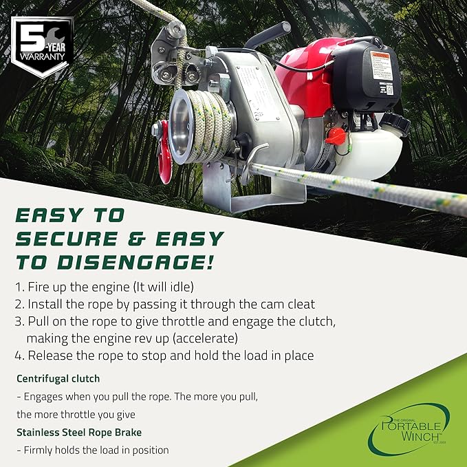 Portable Winch PCW4000-A Gas-Powered Capstan Winch with Accessories - 2,200 lbs Pulling Capacity Winch, Honda GX-50 Engine Portable Gas Winch for Hunting, Logging, and Towing