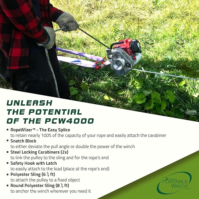 Portable Winch PCW4000-A Gas-Powered Capstan Winch with Accessories - 2,200 lbs Pulling Capacity Winch, Honda GX-50 Engine Portable Gas Winch for Hunting, Logging, and Towing