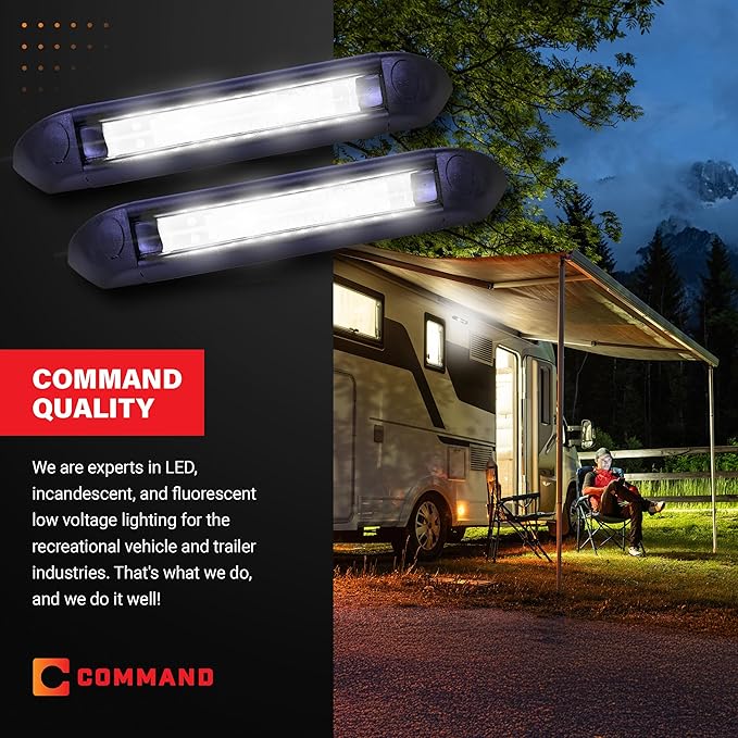 Command Electronics 12V LED Exterior Extruded Porch Light – Surface Mount Utility – IP67 Rating OEM RV, Camper, Bus, Truck, & Trailer – 8"x1.4"x1.4" – Black Case/White Light 2-Pack