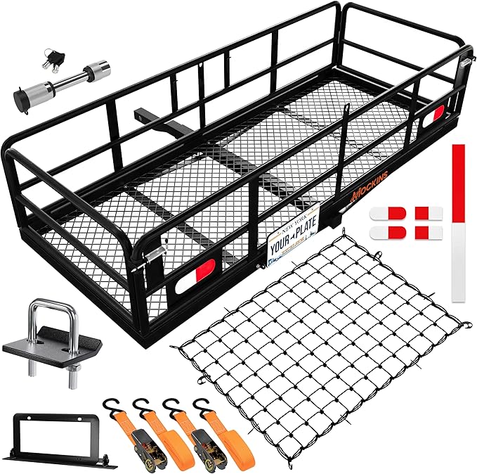 Mockins 60"x24"x14" High Rail Car Trailer Hitch Cargo Carrier w/Plate Bracket | 500 Lbs. Capacity Folding Luggage Rack for SUV, Car & Truck | 2" Receiver Hitch Cargo Rack w/Stabilizer, Straps, & Net