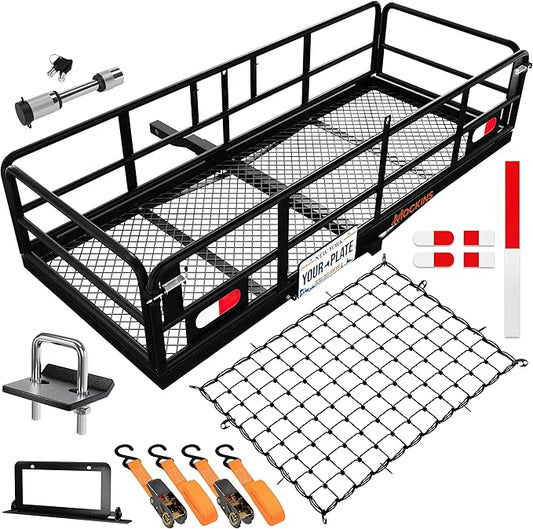 Mockins 60"x24"x14" High Rail Car Trailer Hitch Cargo Carrier w/Plate Bracket | 500 Lbs. Capacity Folding Luggage Rack for SUV, Car & Truck | 2" Receiver Hitch Cargo Rack w/Stabilizer, Straps, & Net