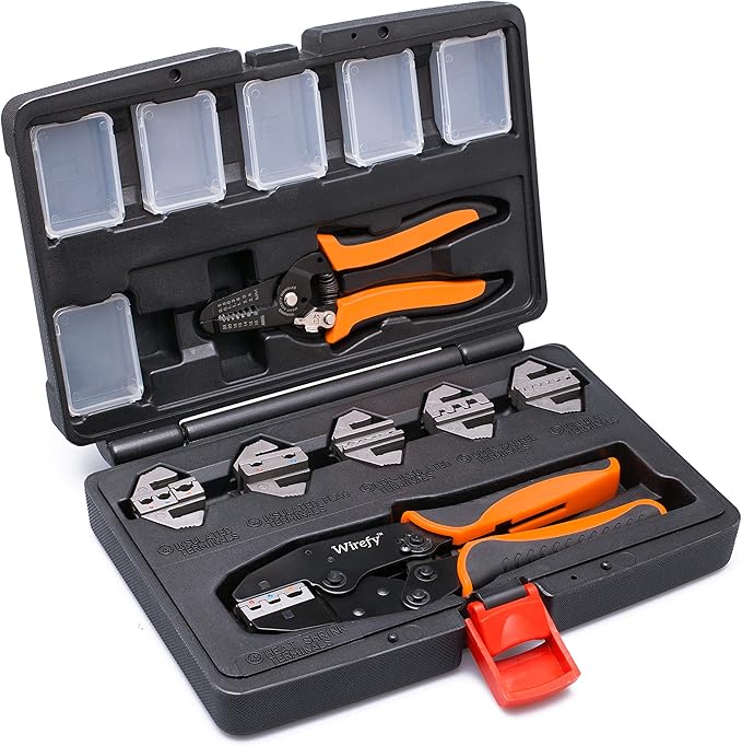 Wirefy Wire Crimping Tool Kit | Crimpers & 6 Slide in Dies | Ratcheting Wire Crimper Tool | Terminal Crimp Pliers | for Heat Shrink, Non Insulated, Open Barrel, Flag, Ferrule, Insulated Connectors