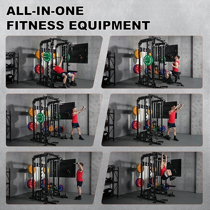 Smith Machine for Home Gym - 2000lbs Capacity All-in-One Power Rack with Cable Crossover, Pull-Up Bar & Dip Station, Includes 18 Attachments, P107 Anvil