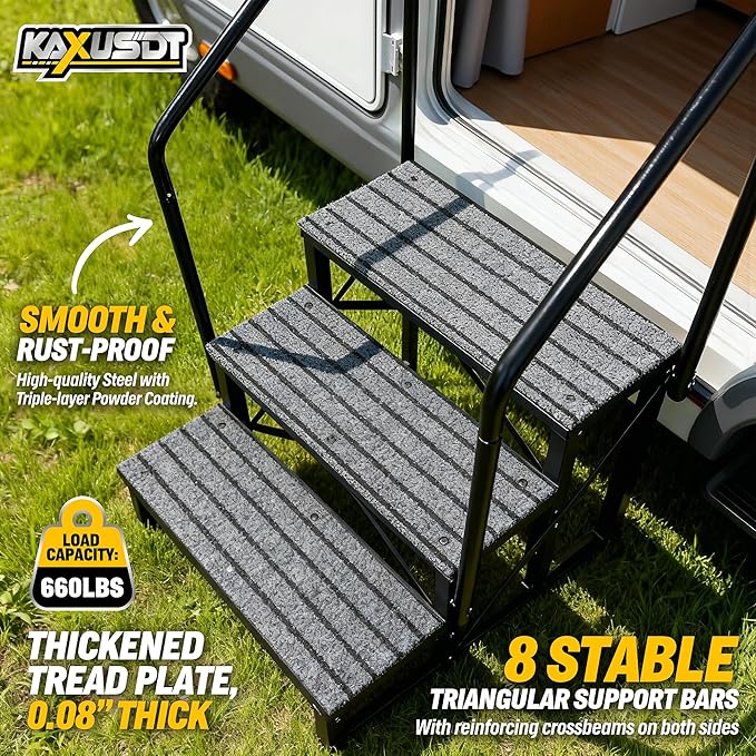 3 Steps Hot Tub RV Steps with Dual Handrail, 𝟐𝟎𝟐𝟓 𝐔𝐩𝐠𝐫𝐚𝐝𝐞𝐝 Portable Mobile Home Stairs Steps with Reinforced Crossbeams on Both Sides, 660lbs, Outdoor RV Camper Entry Steps w/Non-Slip Mats