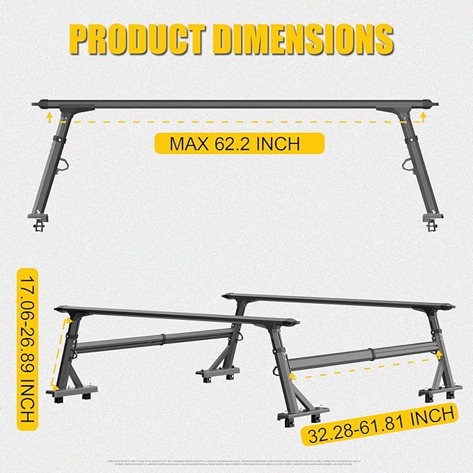 Truck Ladder Rack, Adjustable Height Aluminum Extendable Cargo Rack Cross Bars Truck Bed Rack for Full Size & Mid Size Pickup Trucks,Ford F-Series,Tacoma,Tundra,Gladiator JT,Silverado,GMC Sierra,Titan
