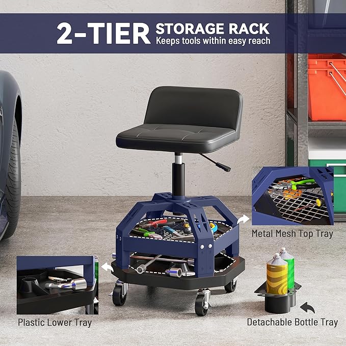 HOMCOM Rolling Mechanic Stool, 300 LBS Capacity Pneumatic Creeper Garage Stool with 360° Wheels, Backrest, Heavy Duty Roller Seat Padded Shop Chair with Tool Tray Storage, Adjustable Height (Blue)