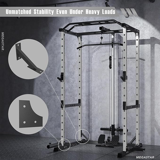 Power Rack Home Gym Package, 1600LBS Capacity Power Cage with 1.2" Diameter Multi-Grip Pull-Up Bar, LAT Pulldown System and Landmine Attachment, Gray P30
