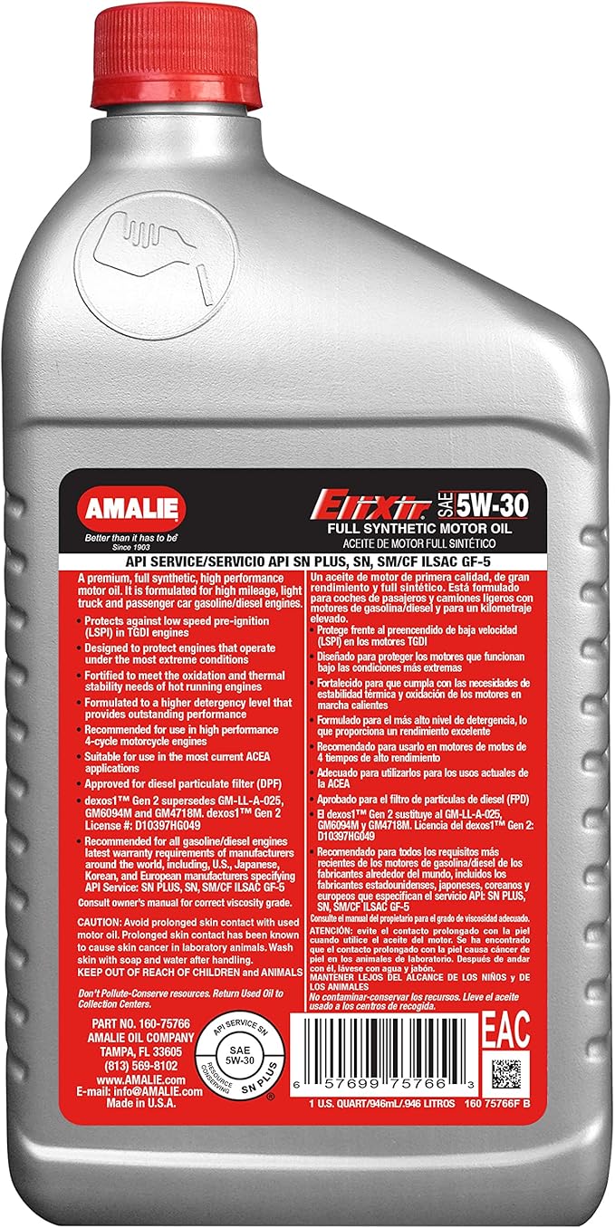 AMALIE Elixir Full Synthetic 5W-30 DEXOS1 (160-75766-56) 1 Quart Bottle, Pack of 12 | Made in USA