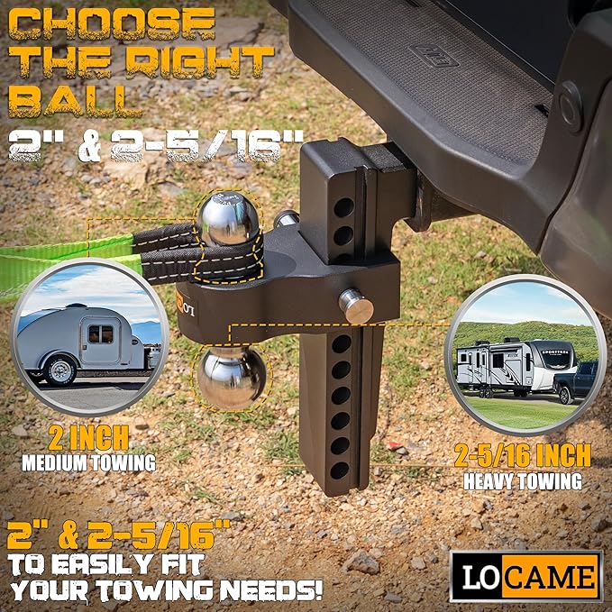 LOCAME Adjustable Trailer Hitch, Fits 2-Inch Receiver Only, 10-Inch Drop/Rise Aluminum Drop Hitch,12,500 LBS GTW-Tow Hitch for Heavy Duty Truck with Double Stainless Steel Locks, Black, LC0023