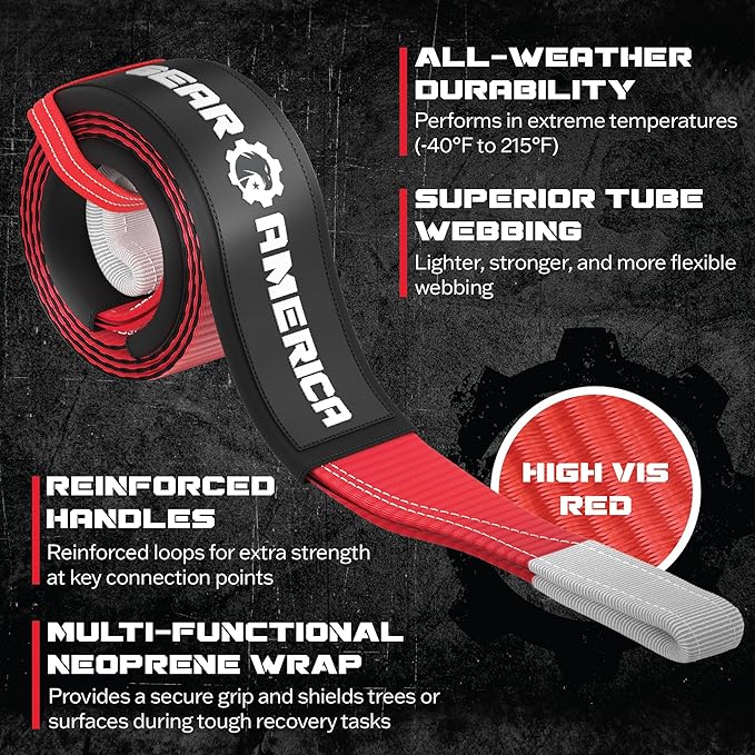 GearAmerica Heavy Duty Tow Strap 3"x8' - Tree Saver Winch with 35,053 lbs Break Strength, Offroad Weather Resistant Recovery Rope & Triple Reinforced Loops (Red) - ATV Accessories