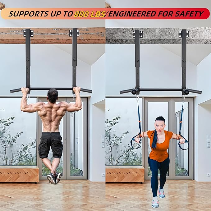 Upgraded-Joist Mounted Pull Up Bar, 800 lbs Heavy Duty Wall Mounted Chin Up Bar, Adjustable Height Pullup Bar for Garage, Basement, Backyard, Beam and Rafter Mount, Easy Installation, Ideal for Multiple Grip Options