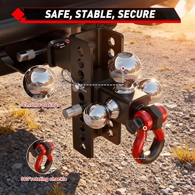 TYT Adjustable Tri-Ball Trailer Hitch for 2 inch Receiver, 4.5" Drop/Rise, Triple Balls (1-7/8", 2", 2-5/16") with Shackle , 10,000 lbs GTW, 1,000 lbs TW ,Pin Lock & Hitch Tightener
