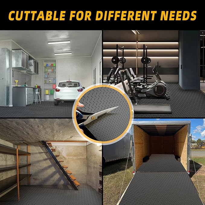 8.2 x 23 FT Garage Floor Mat, 2.8mm Thickened Diamond Plate PVC Garage Flooring Roll for Under Car, Heavy Duty Garage Floor Protector 188.6 SQFT for Garage, Basement, Golf Cart. Black