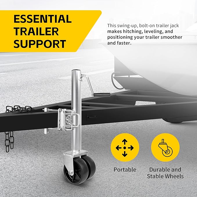 MaxxHaul 70149 Trailer Jack with 11-1/2" Lift, Swing-Back Design, Side Wind Handle & Dual 6" Wheels – 1500 lbs Capacity, Bolt-On for Utility & Boat Trailers