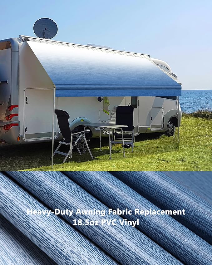 RV Awning Fabric Replacement, 18.5oz Heavy-Duty Weatherproof Vinyl Camper Awning Replacement Universal Outdoor Canopy for RV, Motorhome, Trailer Awnings (Sapphire Blue Fade, 16'(Fabric 15'2"))