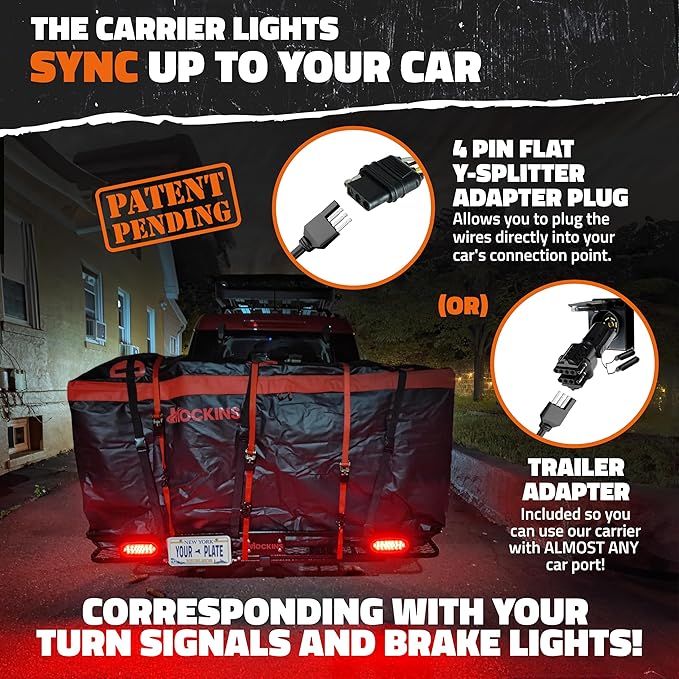 Mockins XXL 70"x30"x6" Folding Trailer Hitch Cargo Carrier w/Rear Lights, License Plate Bracket & 40 Cu Ft Waterproof Cargo Bag for Hitch Carrier | 500 Lbs Cap Car Trailer Basket Set w/Accessories