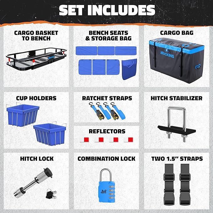 Mockins 2-in-1 Trailer Hitch Cargo Carrier Bench 48"x18"x6" w/ 15 CuFt Vehicle Soft Shell Carriers Bag | 500 Lbs. Capacity Folding Cargo Hitch Carrier Tailgate Seating Set w/Stabilizer, Straps & Lock