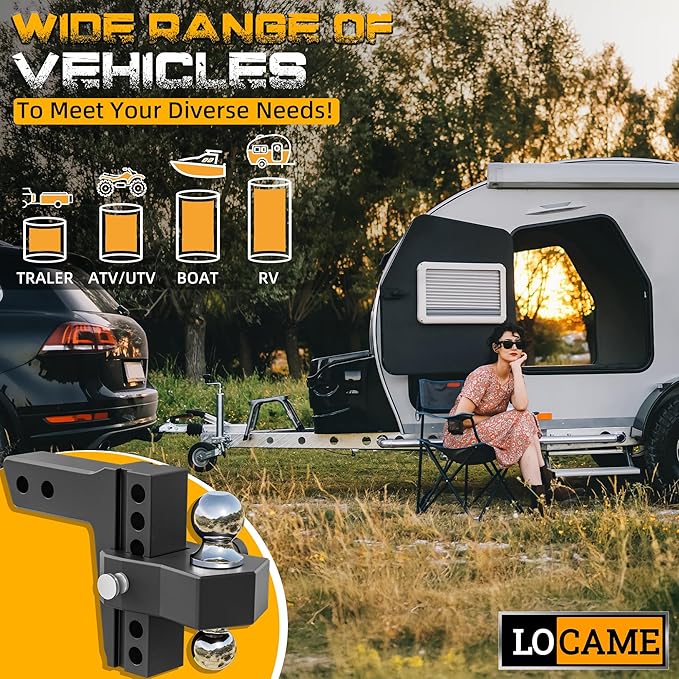 LOCAME Adjustable Trailer Hitch, Fits 2-Inch Receiver, 6-Inch Drop/Rise Aluminum Drop Hitch,12,500 LBS GTW-Tow Hitch for Heavy Duty Truck with Double Stainless Steel Locks, Black, LC0024