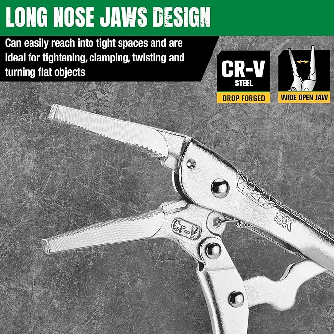 SK 6.5" Long Nose Locking Pliers, Premium CR-V Construction, Ergonomic Anti-slip Handle, Ideal for Welding or Assembly