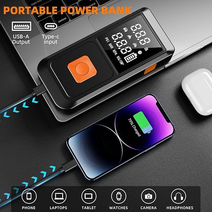 Jump Starter with Air Compressor, 4000A 12V Car Battery Jumper Starter Box (10.0L Gas/8.0L Diesel) with Jumper Cables, LCD Display, 150PSI Tire inflator, LED Flashlight & Power Bank