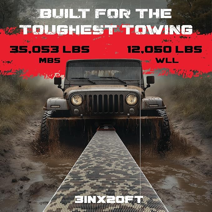 GearAmerica 3"x8' Heavy Duty Tree Saver Towing Sling - Winch Harness with 35,053 lbs Break Strength - Recovery Rope for Offroad, Weather Resistant + Triple Reinforced Loops (Camo)