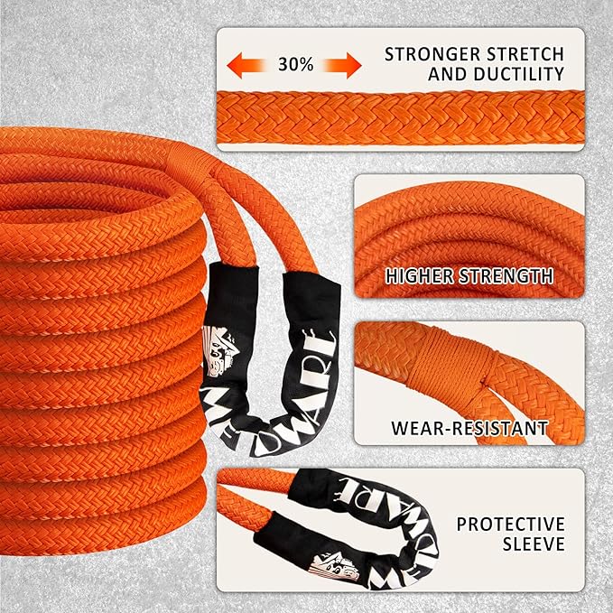METOWARE Kinetic Recovery Rope (1’’ x 30ft) 35,000 LBS Offroad Tow Kit with 1/2inch x 22 Inch Soft Shackles, Heavy Duty Towing Rope Kit for UTV, ATV, Truck, Car