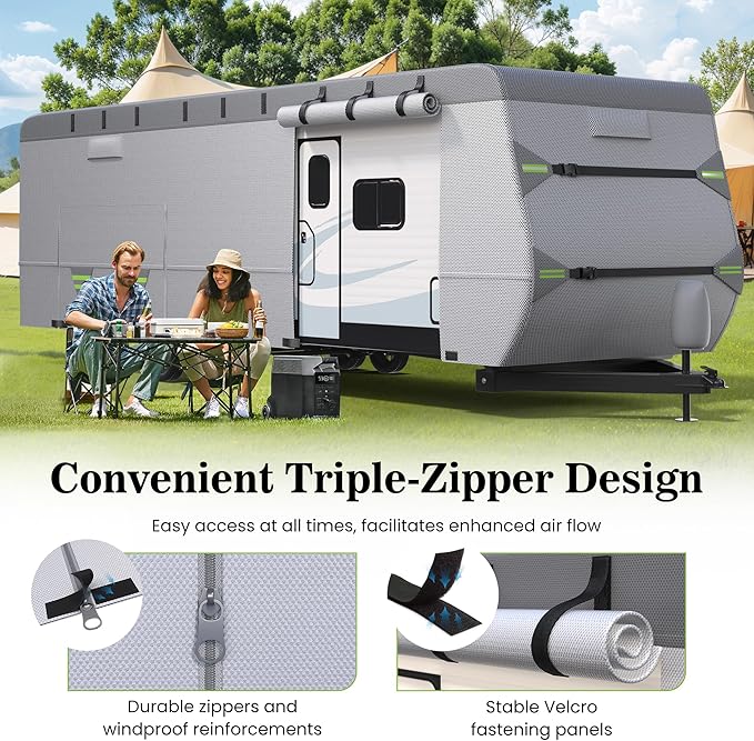 ACTFLAME 7-Layer Thickened RV Cover, 24-27ft Ultra Windproof & Tear Resistant Travel Trailer Cover, All-Weather Camper Cover with 6 Vents & Breathable Design, 5+2 Reinforced Straps and Complete Kit