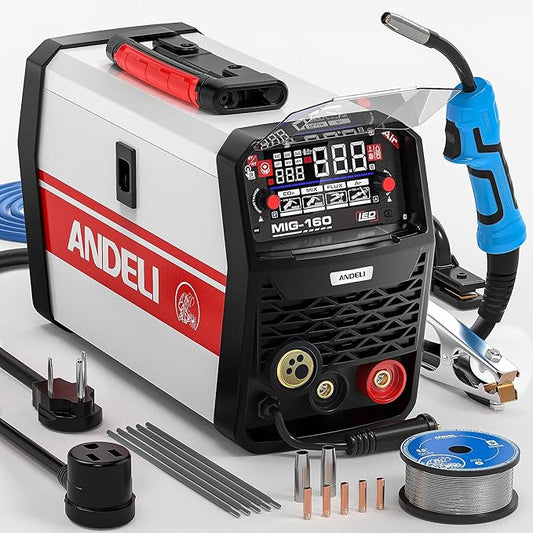 ANDELI MIG Welder, 160A 110V/220V Dual Voltage GAS MIG/FLUX MIG/LIFT TIG/STICK 4-In-1 Multiprocess MIG Welder, LED Digital Display Synergic Control,Gas Gasless MIG Welding Machine With welding rods