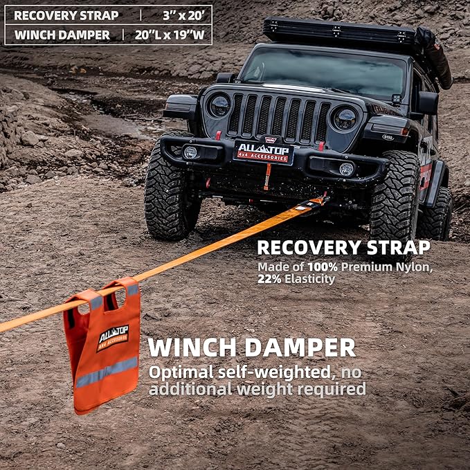 ALL-TOP Recovery Pack Extreme 11in1: Water-Resist Offroad Gear Bag with Recovery Strap Kit(3), Damper, 2 Soft Shackles, SK Hitch Mount, Forged Pulley, Deflator & Gloves