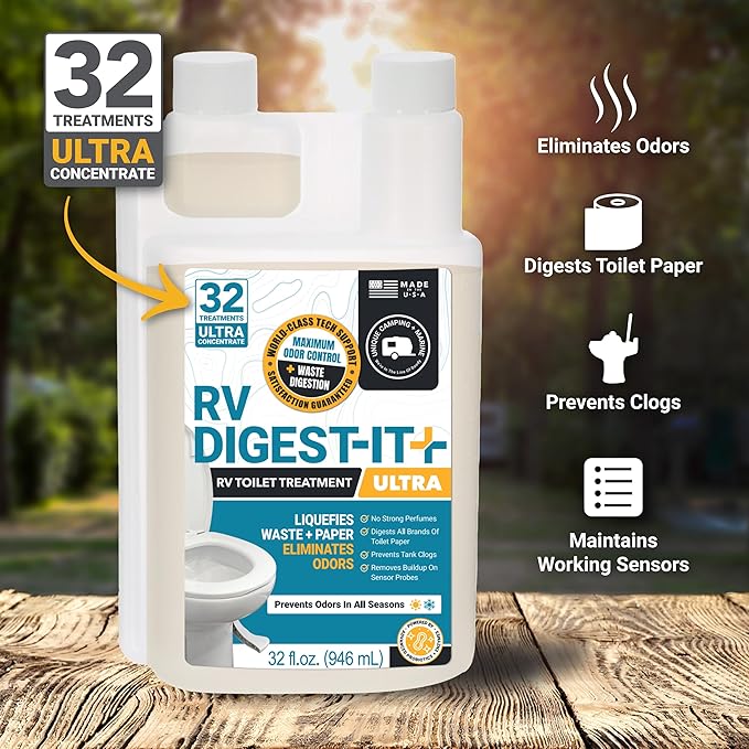 Unique RV Digest-It Ultra RV Toilet Treatment, 32 Uses, Super Concentrated, Eliminates Smells, Liquifies Waste, Easy-Measure Preventive Bio-Enzymatic Holding Tank Treatment, Package May Vary (32 oz)