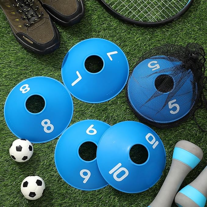 10 Pcs Numbered Sports Disc Cones 1-10 Soccer Cones with Mesh Carry Bag Flexible Agility Cones Soft Field Cones for Gym PE Classes School Activities Games, Sports Training Equipment