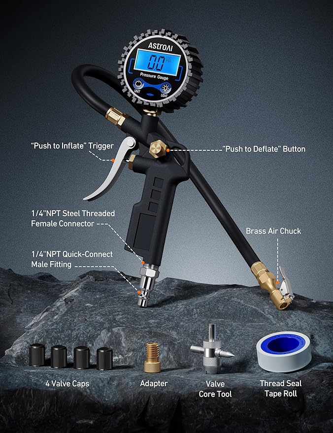 AstroAI Digital Tire Pressure Gauge with Inflator, 3-250 PSI Air Chuck & Compressor Accessories Heavy Duty with Quick Connect Coupler, 0.1 Display Resolution (Standard with Case)
