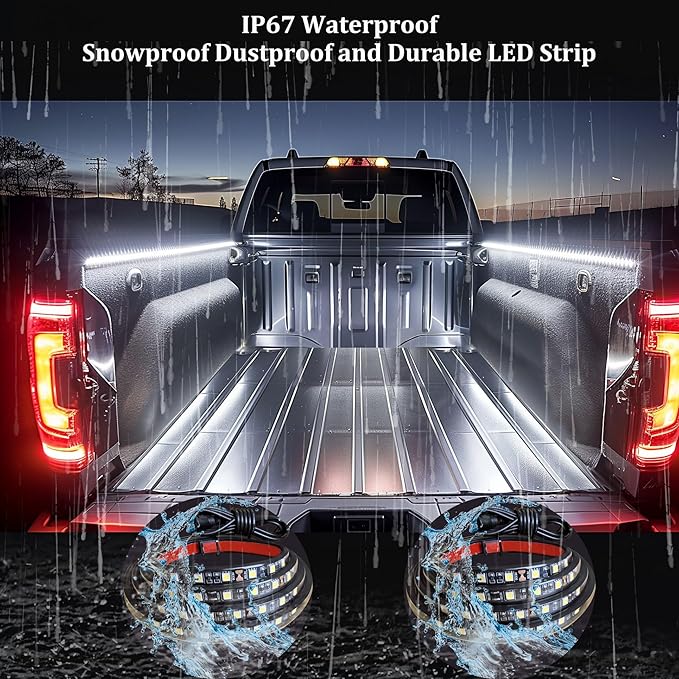 60Inch LED Truck Bed Lights, 2PCS White LED (Light Emitting Diode) Lighting Fixtures, Waterproof Truck Bed Lighting Bar Switch Fuse Splitter Cable for RV SUV Vans Cargo Boats