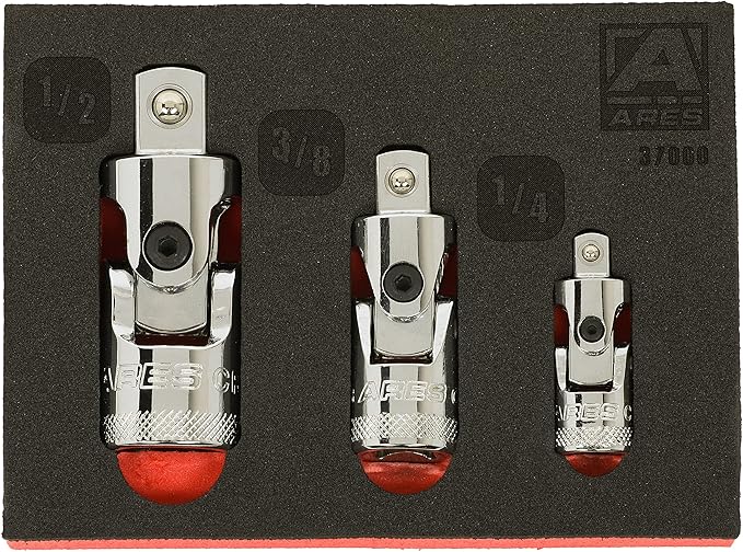 ARES 37000-3-Piece Spring Loaded Universal Joint Set – Spring Loaded Tension Keeps U-Joint In Position at Odd Angles - 1/4-Inch, 3/8-Inch, and 1/2-Inch Drive