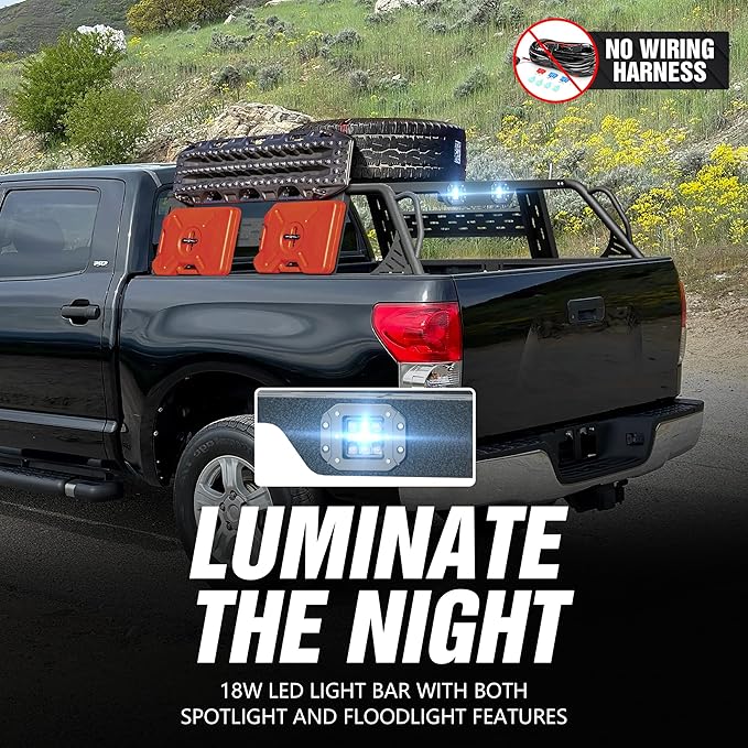 13.8" High Overland Bed Racks Truck Cargo Carrier Compatible with 2007-2013 Toyota Tundra with 2 LED Lights and Bed Rails, Full-Size Truck Rear Ladder Rack Back Cross Bars