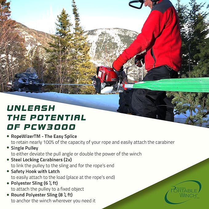Portable Winch PCW3000-A Gas-Powered Capstan Winch with Accessories - 1,600 lbs Pulling Capacity Winch, Honda GX-35 Engine Portable Gas Winch for Hunting, Logging, and Towing