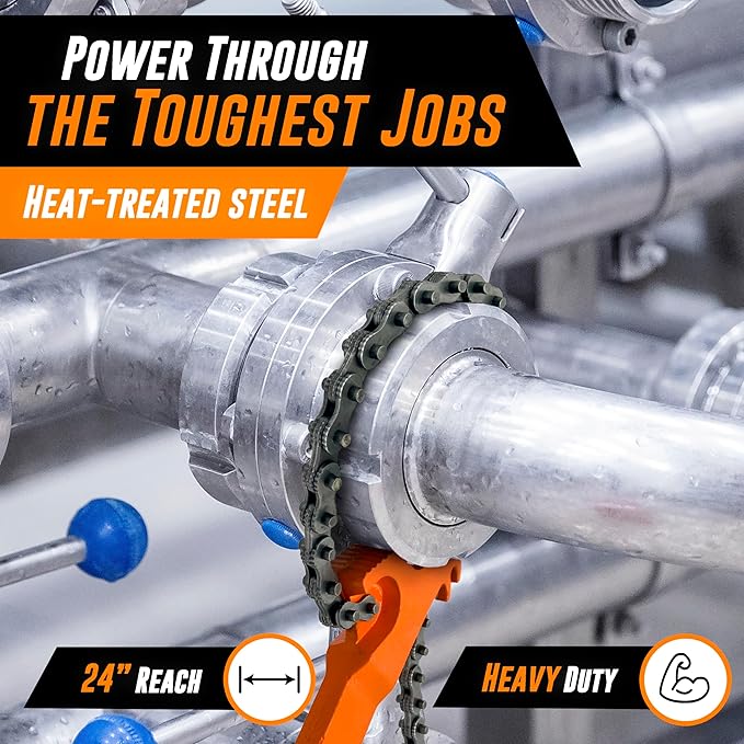 Mutt Tools Chain Wrench 24 Inch - Heavy Duty Chain Pipe Wrench with I-Beam Handle for Large Pipes & Oil Filters - Professional Millwright Tool with 6" Max Clamp - Rust-Resistant Finish